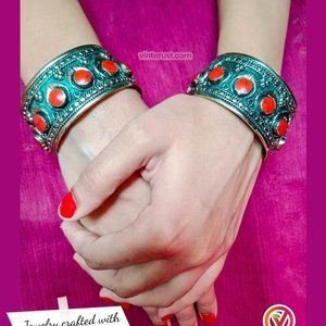 single Boho Kuchi Cuff Bracelet With Stones, Tribal Handmade Cuff Bracelet